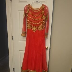 Elegant Red and Gold Embellished Net Anarkali Dress